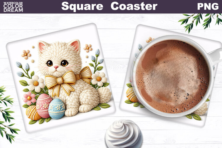 Cat Floral Square Coaster | Easter Animal Sublimation example image 1
