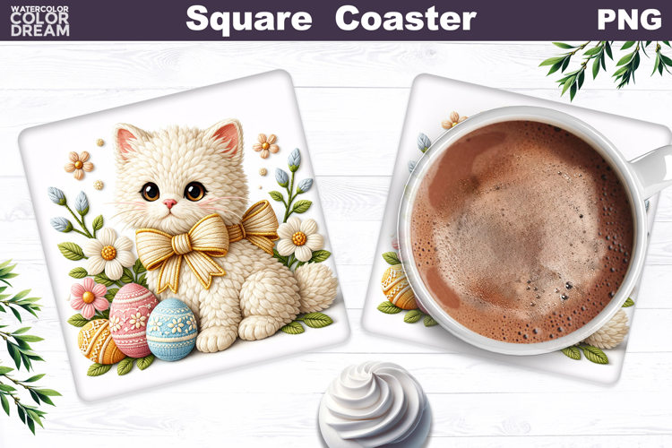 Cat Floral Square Coaster | Easter Animal Sublimation