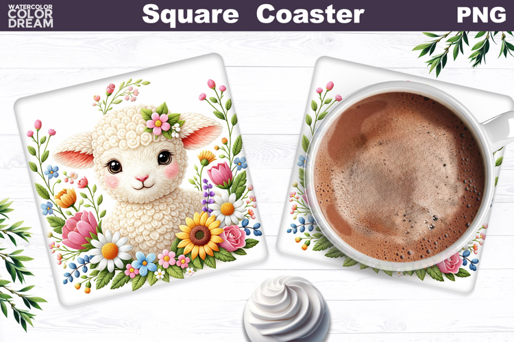 Lamb Floral Square Coaster | Easter Animal Sublimation