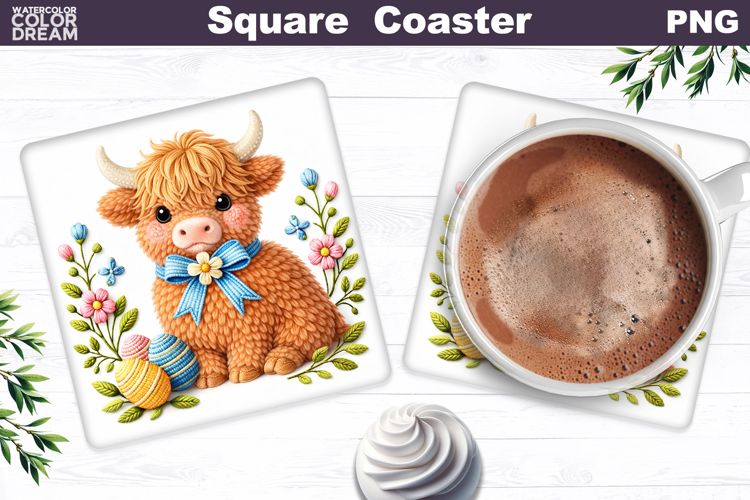Highland Cow Floral Square Coaster | Easter Animal Sublimati