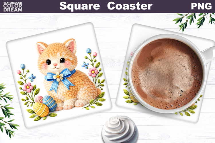 Cat Floral Square Coaster | Easter Animal Sublimation