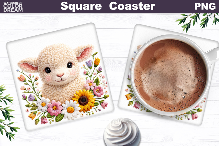 Lamb Floral Square Coaster | Easter Animal Sublimation
