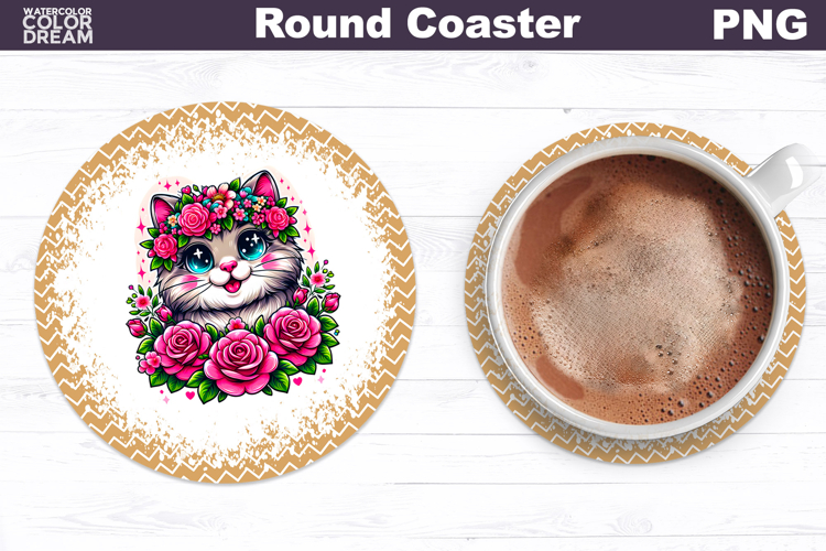 Cat Floral Round Coaster | Cute Animal Flowers Coaster