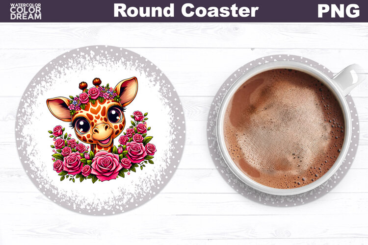 Giraffe Floral Round Coaster | Cute Animal Flowers Coaster example image 1