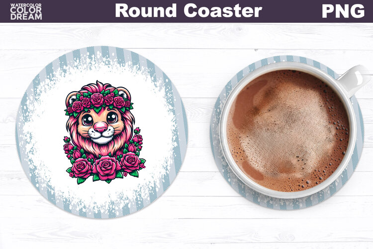 Lion Floral Round Coaster | Cute Animal Flowers Coaster example image 1