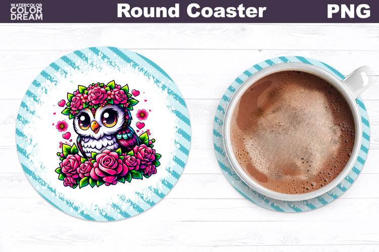 Owl Floral Round Coaster | Cute Animal Flowers Coaster example image 1