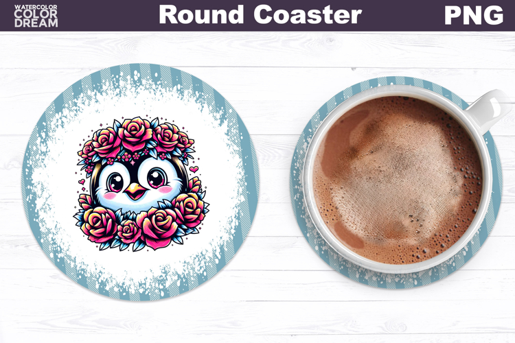 Penguin Floral Round Coaster | Cute Animal Flowers Coaster