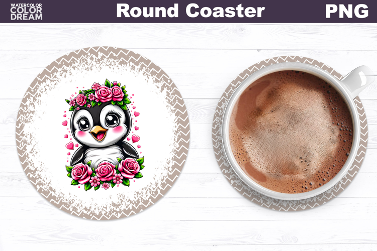 Penguin Floral Round Coaster | Cute Animal Flowers Coaster