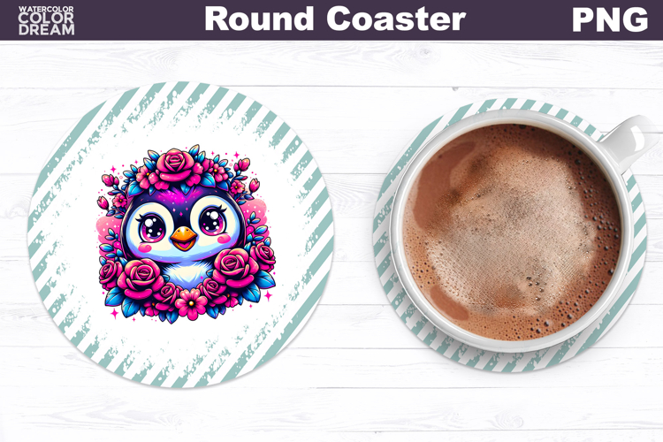 Penguin Floral Round Coaster | Cute Animal Flowers Coaster