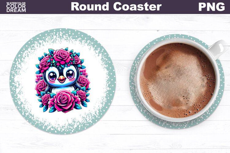 Penguin Floral Round Coaster | Cute Animal Flowers Coaster example image 1