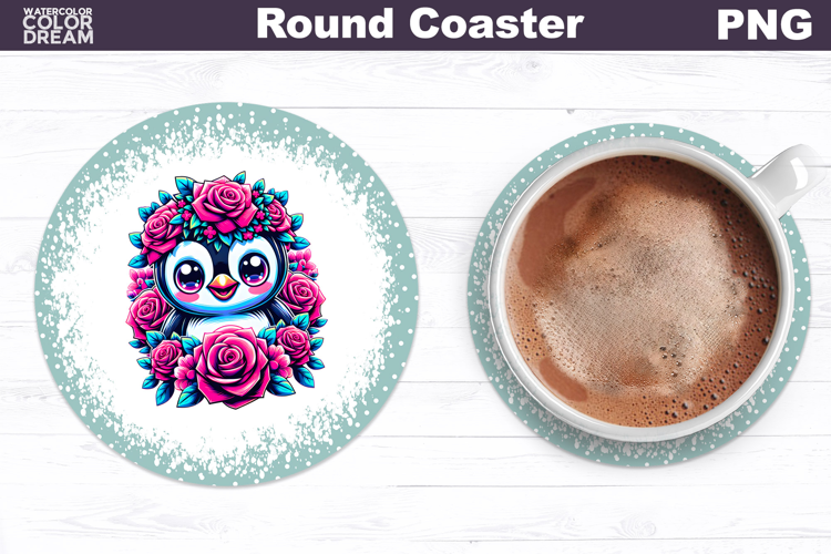 Penguin Floral Round Coaster | Cute Animal Flowers Coaster