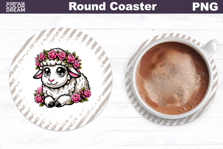 Lamb Floral Round Coaster | Cute Animal Flowers Coaster example image 1