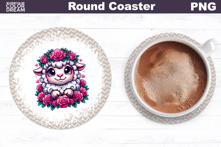 Lamb Floral Round Coaster | Cute Animal Flowers Coaster