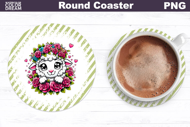 Lamb Floral Round Coaster | Cute Animal Flowers Coaster example image 1
