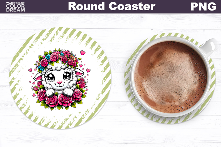 Lamb Floral Round Coaster | Cute Animal Flowers Coaster