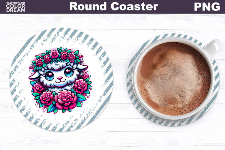 Lamb Floral Round Coaster | Cute Animal Flowers Coaster