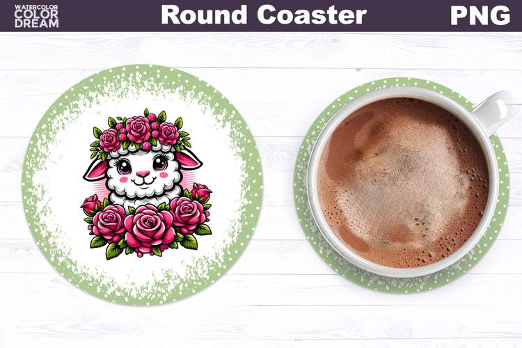 Lamb Floral Round Coaster | Cute Animal Flowers Coaster