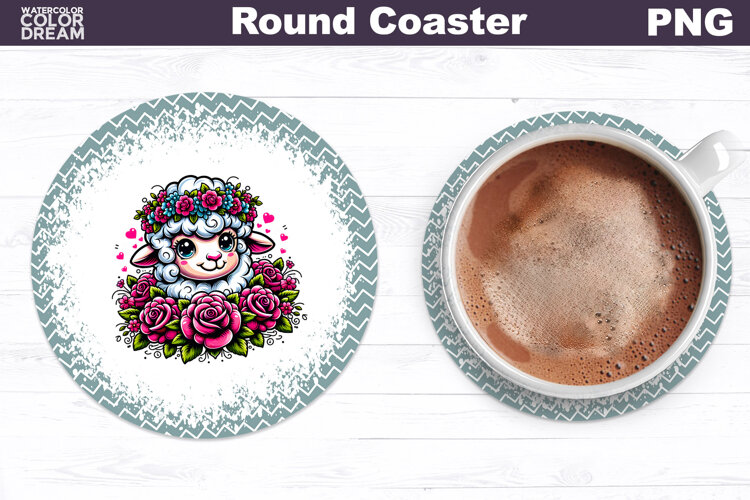 Lamb Floral Round Coaster | Cute Animal Flowers Coaster example image 1