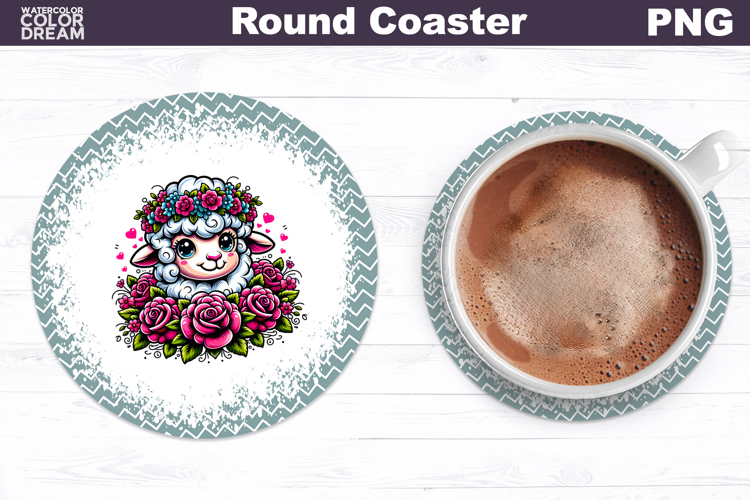 Lamb Floral Round Coaster | Cute Animal Flowers Coaster