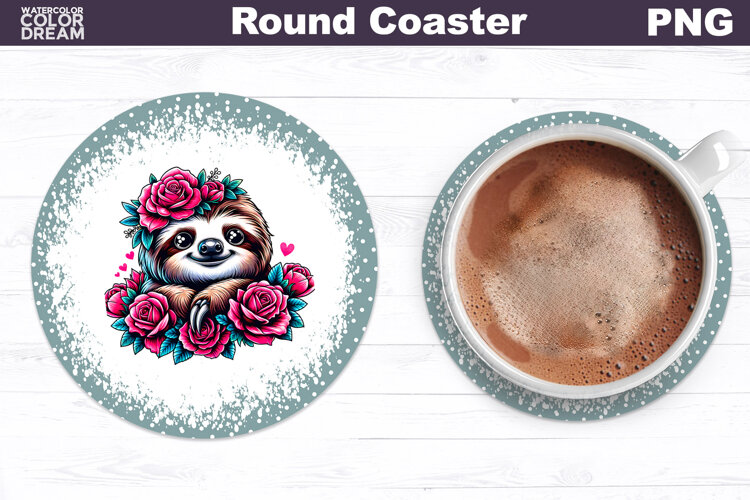 Sloth Floral Round Coaster | Cute Animal Flowers Coaster example image 1