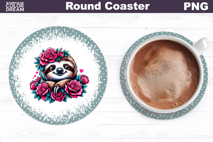 Sloth Floral Round Coaster | Cute Animal Flowers Coaster