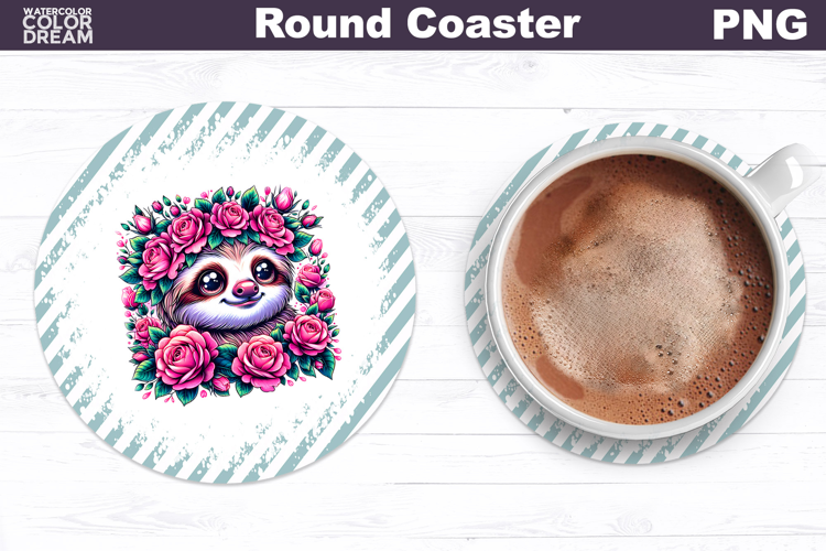 Sloth Floral Round Coaster | Cute Animal Flowers Coaster