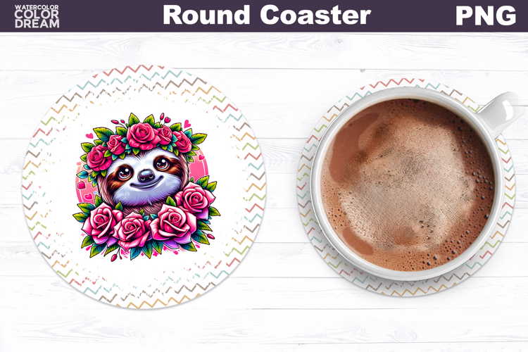 Sloth Floral Round Coaster | Cute Animal Flowers Coaster