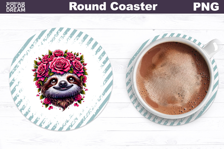 Sloth Floral Round Coaster | Cute Animal Flowers Coaster