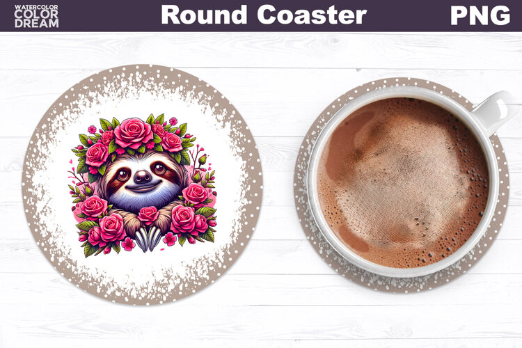 Sloth Floral Round Coaster | Cute Animal Flowers Coaster example image 1