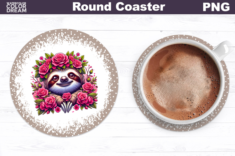 Sloth Floral Round Coaster | Cute Animal Flowers Coaster