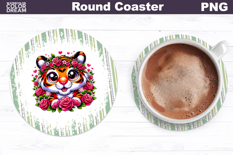 Tiger Floral Round Coaster | Cute Animal Flowers Coaster