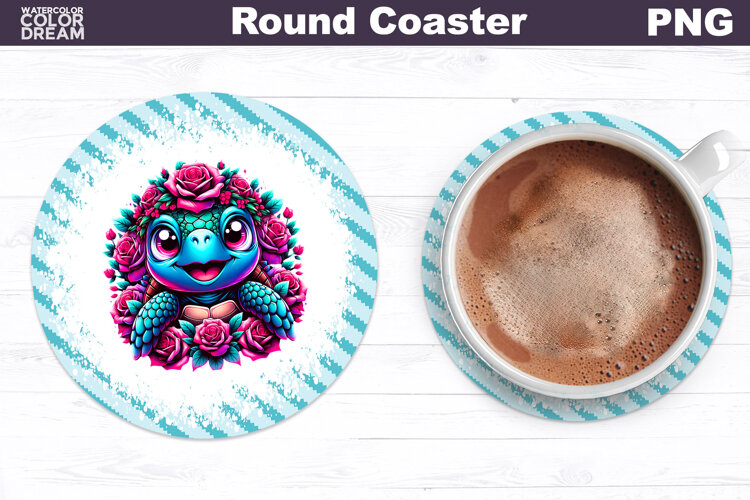 Turtle Floral Round Coaster | Cute Animal Flowers Coaster example image 1