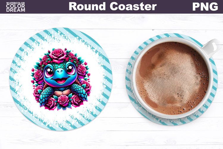 Turtle Floral Round Coaster | Cute Animal Flowers Coaster