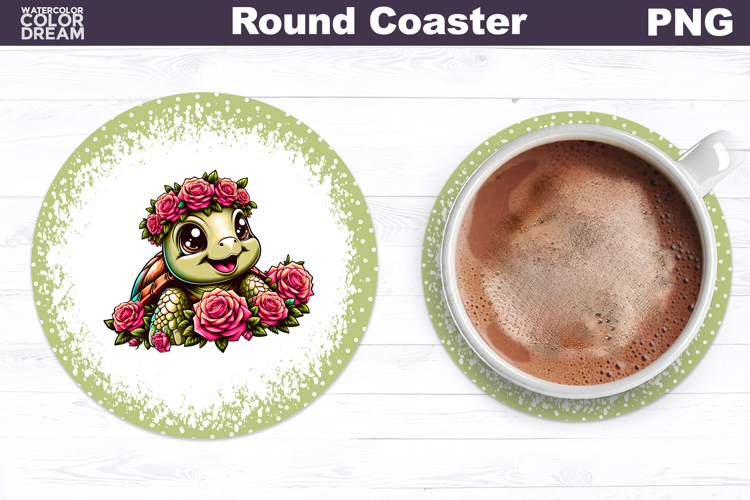 Turtle Floral Round Coaster | Cute Animal Flowers Coaster
