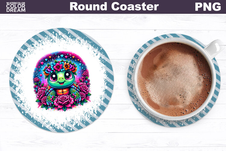 Turtle Floral Round Coaster | Cute Animal Flowers Coaster example image 1