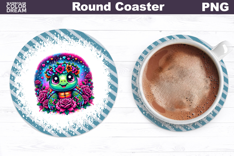 Turtle Floral Round Coaster | Cute Animal Flowers Coaster