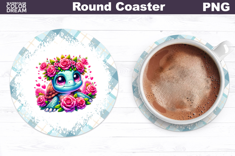 Turtle Floral Round Coaster | Cute Animal Flowers Coaster