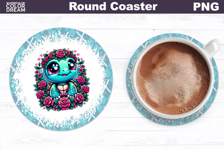 Turtle Floral Round Coaster | Cute Animal Flowers Coaster example image 1