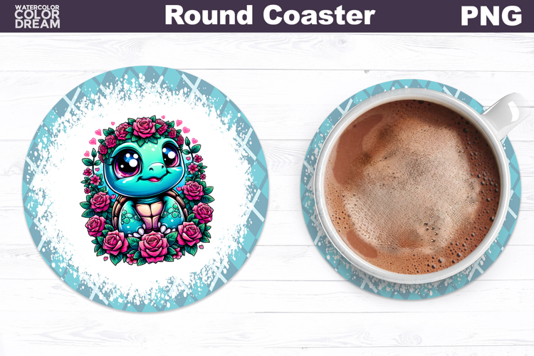 Turtle Floral Round Coaster | Cute Animal Flowers Coaster