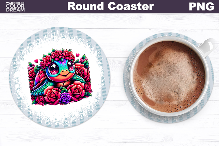 Turtle Floral Round Coaster | Cute Animal Flowers Coaster
