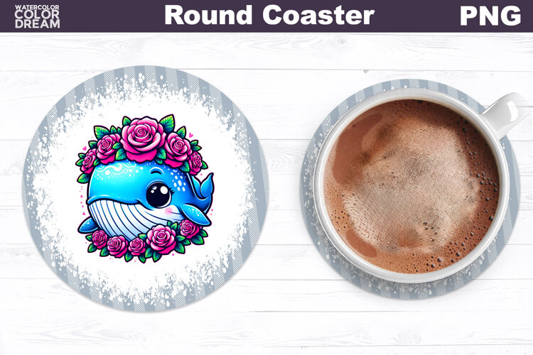 Whale Floral Round Coaster | Cute Animal Flowers Coaster example image 1