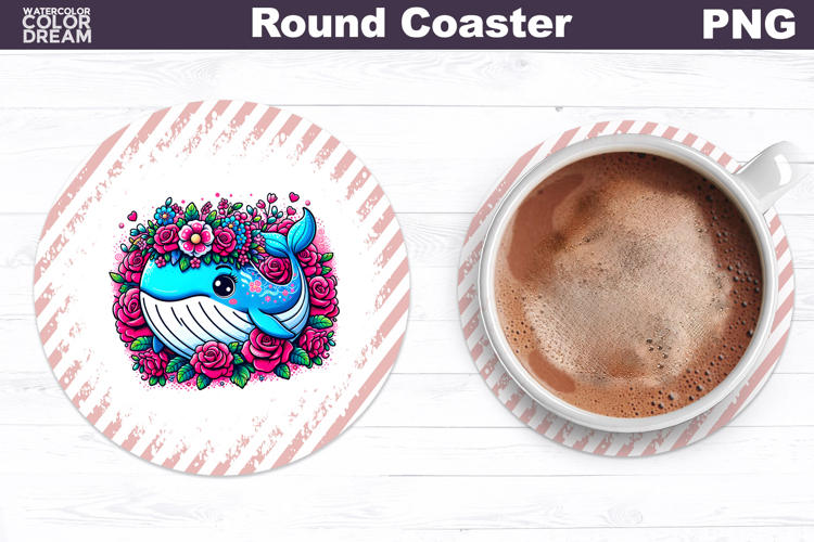 Whale Floral Round Coaster | Cute Animal Flowers Coaster