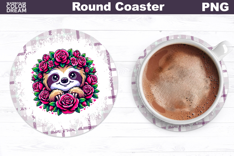 Sloth Floral Round Coaster | Cute Animal Flowers Coaster