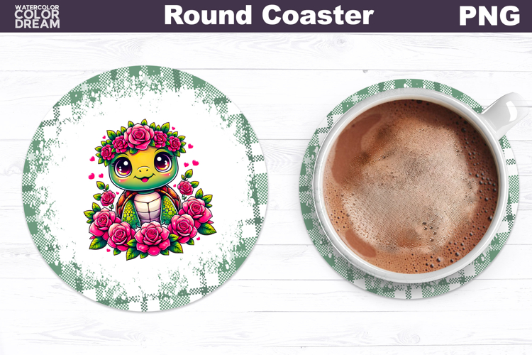 Turtle Floral Round Coaster | Cute Animal Flowers Coaster