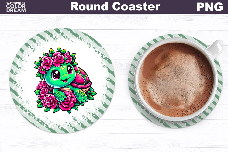 Turtle Floral Round Coaster | Cute Animal Flowers Coaster