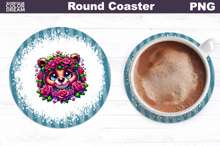 Bear Floral Round Coaster | Cute Animal Flowers Coaster