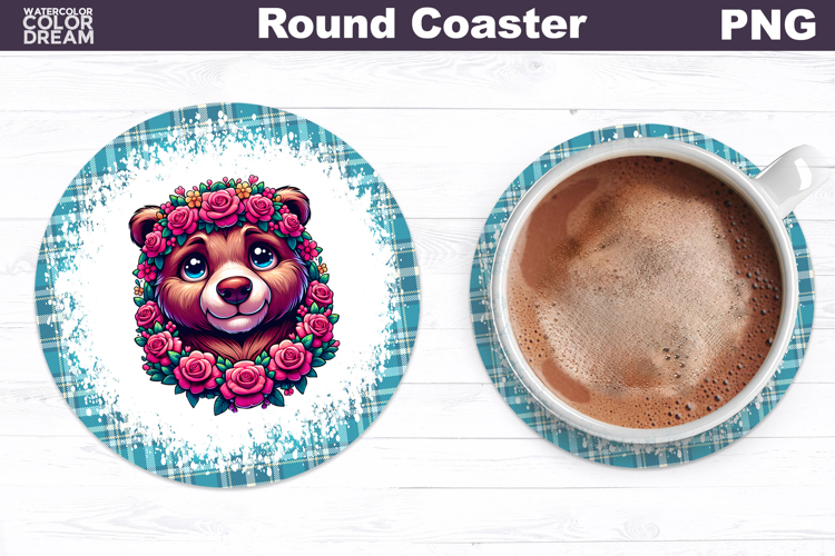 Bear Floral Round Coaster | Cute Animal Flowers Coaster