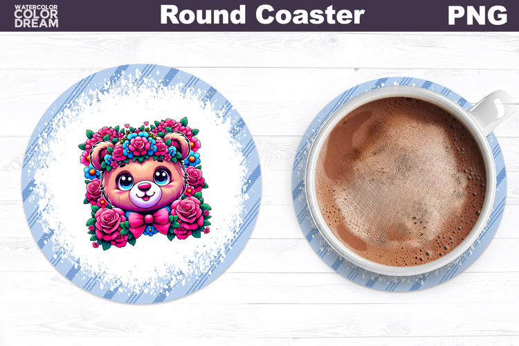 Bear Floral Round Coaster | Cute Animal Flowers Coaster