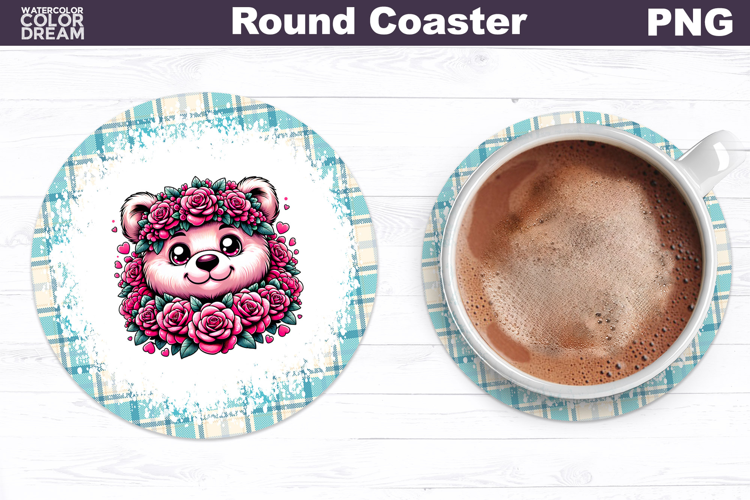 Bear Floral Round Coaster | Cute Animal Flowers Coaster