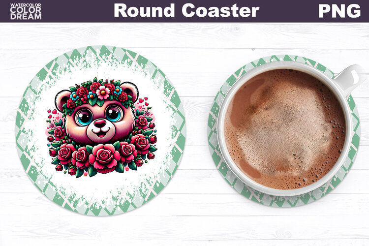 Bear Floral Round Coaster | Cute Animal Flowers Coaster example image 1